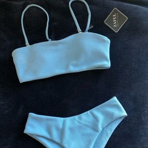 BABY BLUE TEXTURED BANDEAU SWIMSUIT